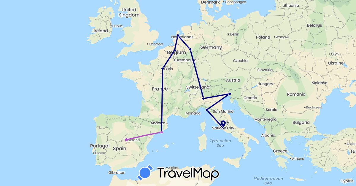 TravelMap itinerary: driving, train in Belgium, Germany, Spain, France, Italy, Netherlands, Slovenia (Europe)